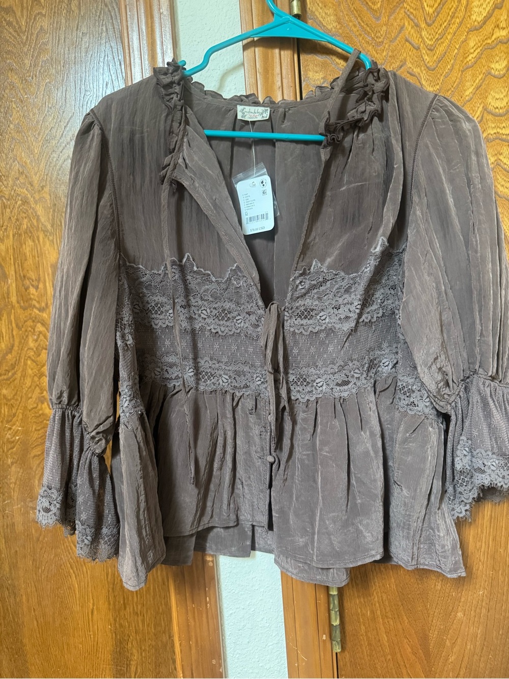 Free People Taupe Lace-Trim Peasant Top